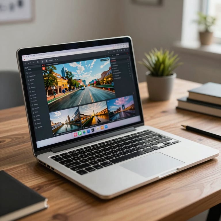 A sleek laptop on a clean wooden desk in a North American / US home office, displaying a vibrant 4K video stream.