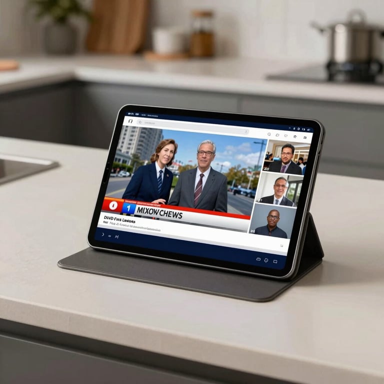 A modern tablet on a soft off-white kitchen counter showing a live news broadcast in high definition.