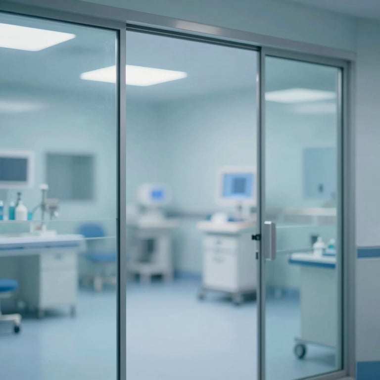 Symmetrical arrangement of glass panels reflecting a sterile, blue-toned medical environment.