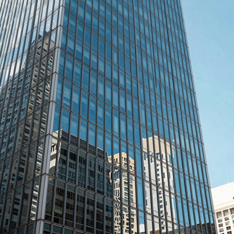 An architectural shot of a modern glass skyscraper reflecting a bright sky blue sky in a North American business district. Sharp and vertical.