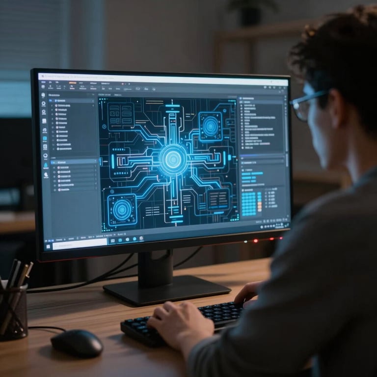 A person looking at a sleek monitor in a dimly lit, high-tech home office. The glow from the screen is cool blue, emphasizing innovation.