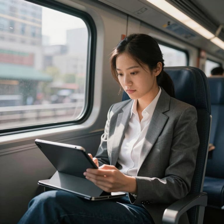 A professional looking focused while using a tablet on a modern commuter train in a US city. Morning light creates a dynamic, fast-paced mood.