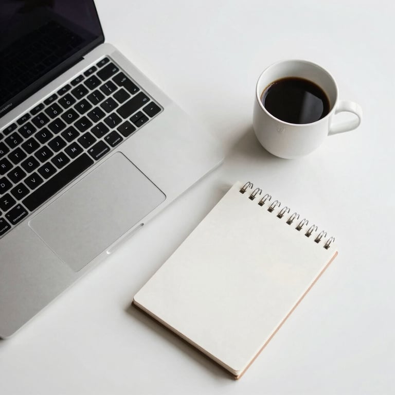 A minimalist desk setup with a high-end laptop, a cup of coffee, and a sleek notepad. The colors are off-white and dark navy, top-down view.