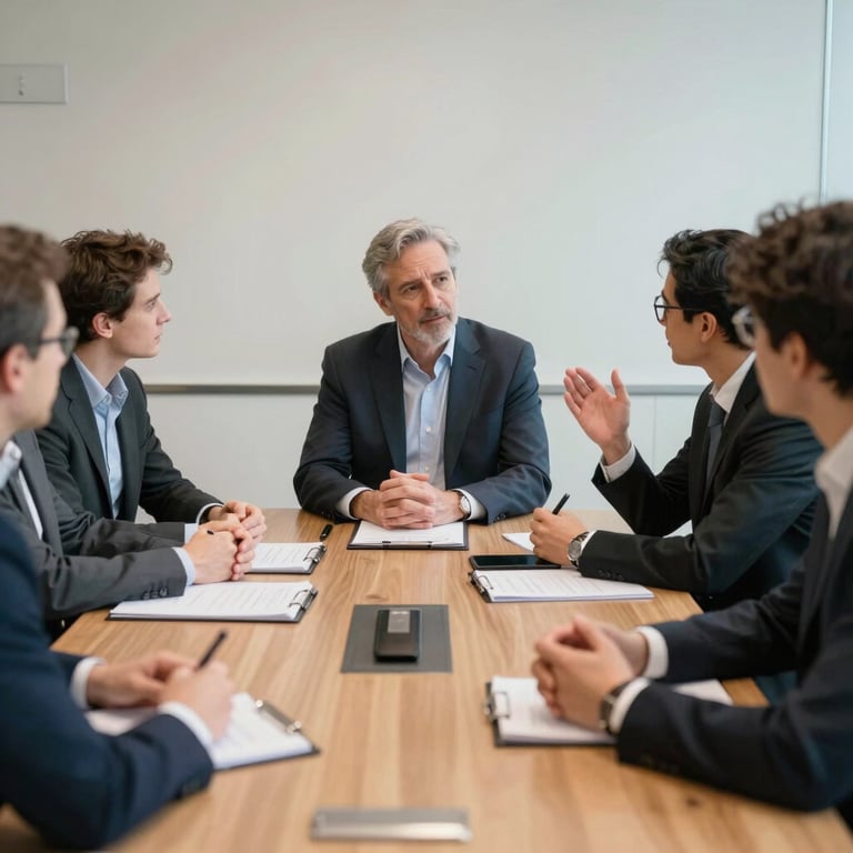 A candid professional setting in a North American boardroom where individuals engage in an impactful strategy session. Bright and authoritative.