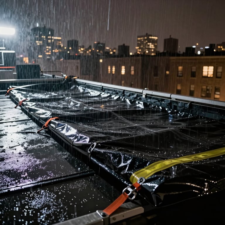 Emergency roof tarping being secured during a stormy night in North American / New York City.