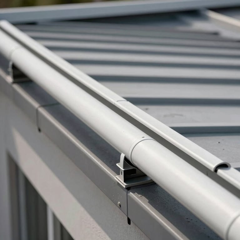 Detailed view of newly installed seamless white gutters on a clean roofline.