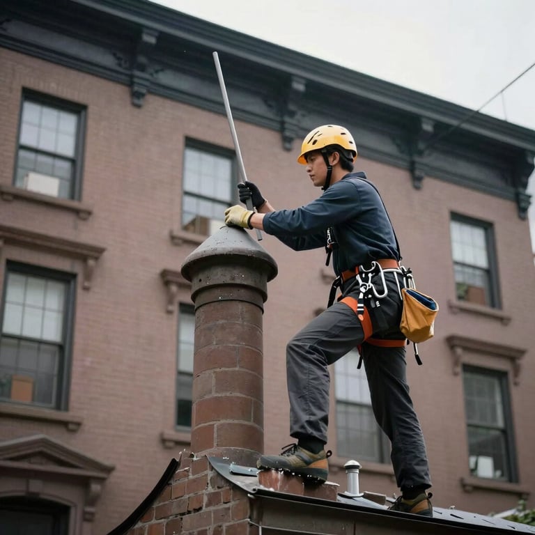 A roofer inspecting a chimney on a classic Brooklyn brownstone townhouse.