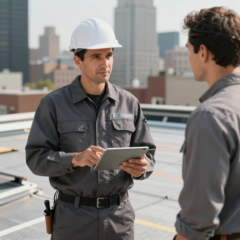 A professional roofing supervisor in a charcoal uniform showing a digital tablet to a satisfied client in North American / New York City.