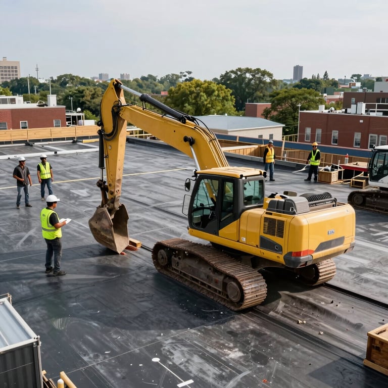 A large scale commercial roofing project underway in the Bronx with heavy machinery and professional crew.