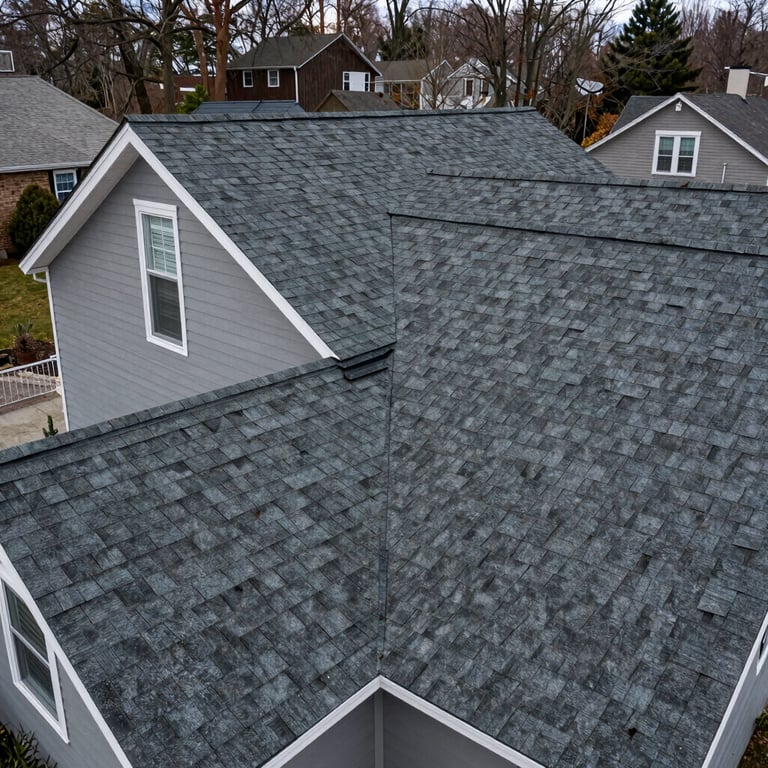 A completed high-end shingle roof on a North American suburban house in Staten Island.