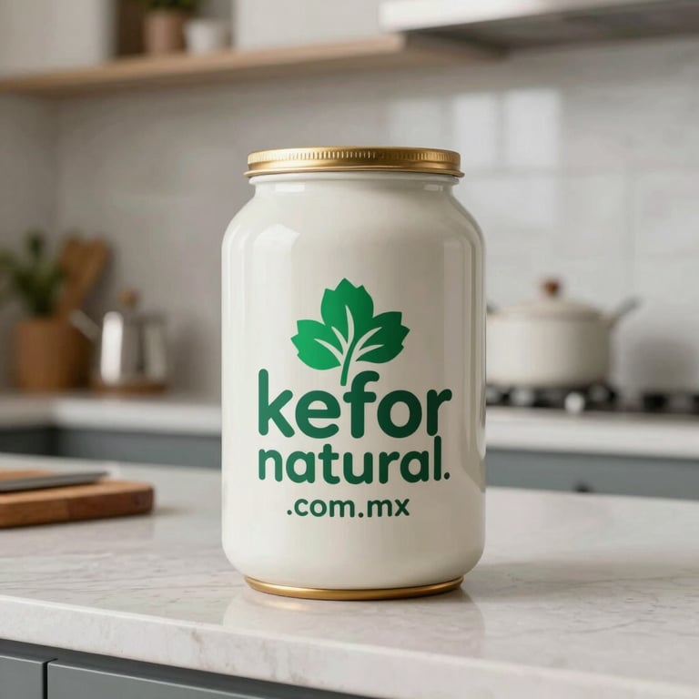 The logo of kefirnatural.com.mx subtly integrated into a clean, modern Mexican kitchen setting.