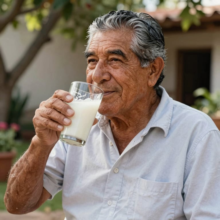 A healthy older Latin American man smiling while enjoying a glass of white kefir in a sunlit Jalisco garden.