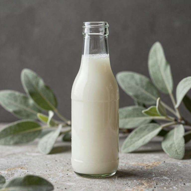 A minimalist glass bottle of kefir on a stone surface, surrounded by soft sage green leaves.