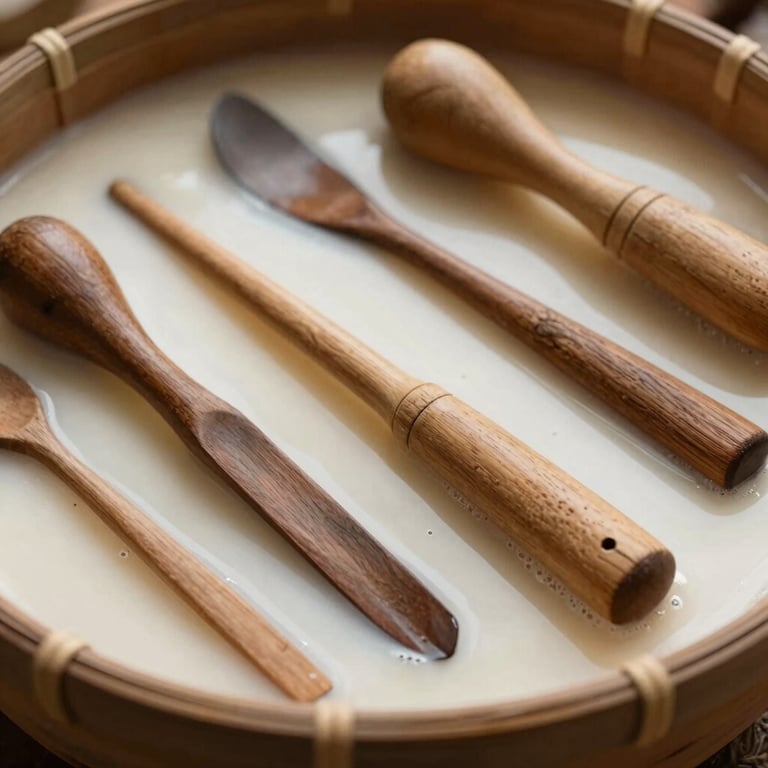 Artistic close-up of wooden tools used in traditional kefir preparation, earthy tones.