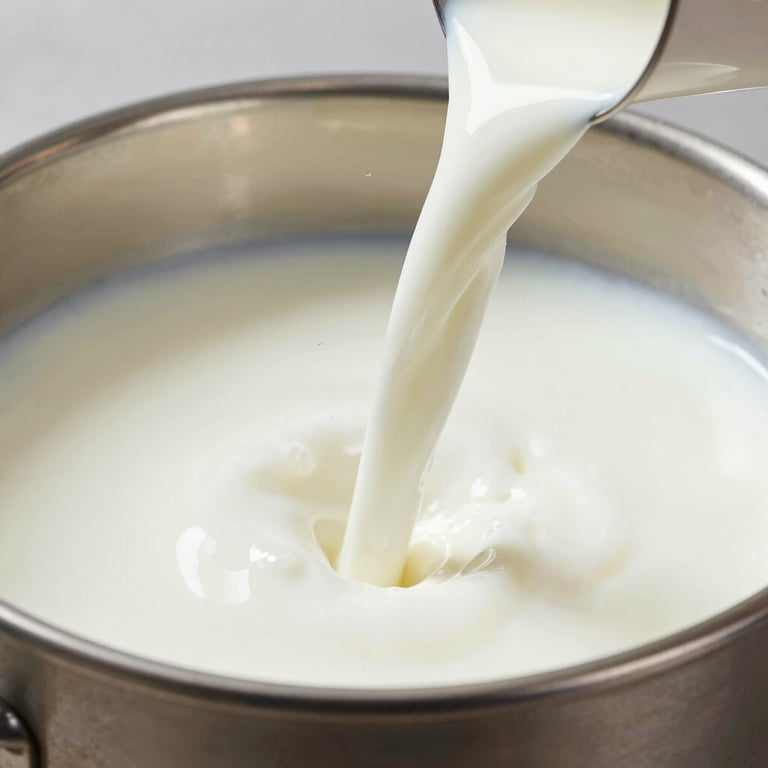 Macro shot of fresh milk pouring into a fermentation vessel, clean and bright lighting.