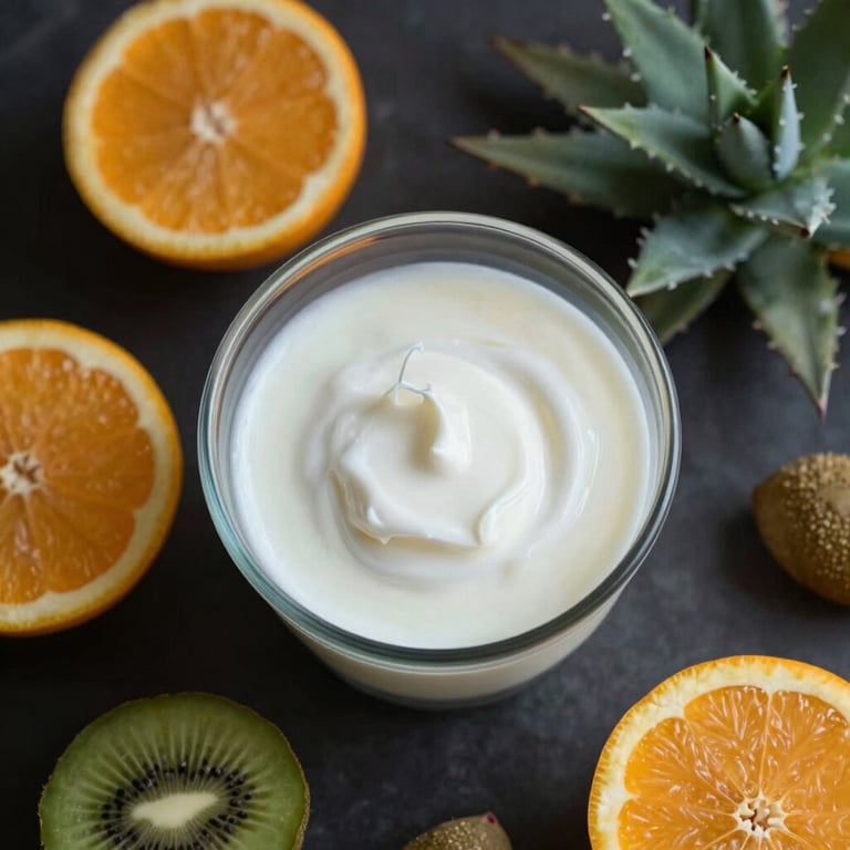 A top-down view of a breakfast table with kefir, fresh fruit, and agave, reflecting a healthy lifestyle.