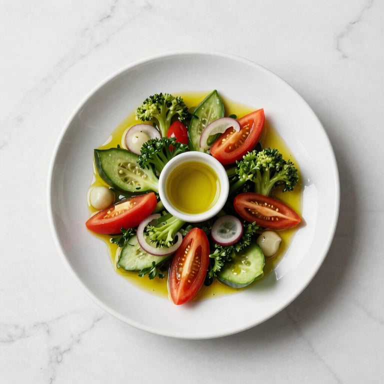 A minimalist overhead shot of a clean, healthy Mediterranean meal with fresh vegetables and olive oil on a white marble surface, bright clinical lighting.