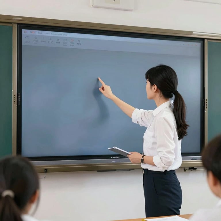 A teacher in a North American secondary school using a hand-gesture to control a large wall-mounted smart screen.