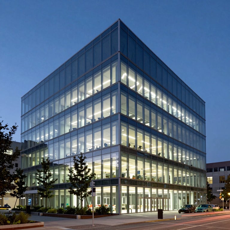 Exterior of a modern, glass-walled educational research center in a North American city at dusk, internal white lights glowing.