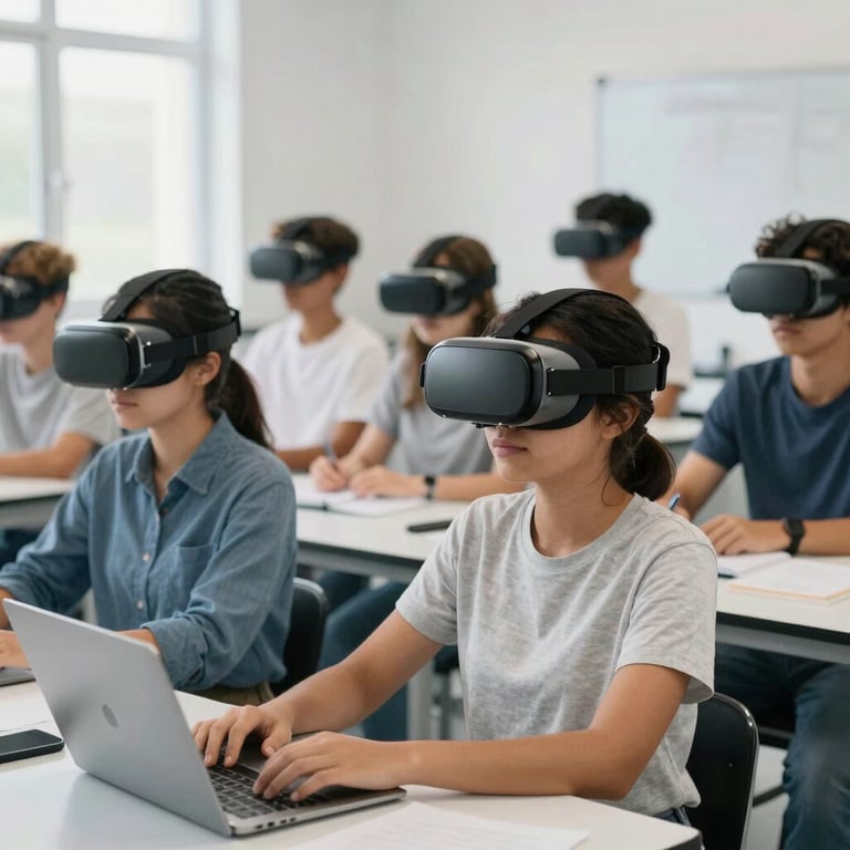 A group of diverse students in a North American school setting wearing sleek VR headsets in a bright white laboratory.