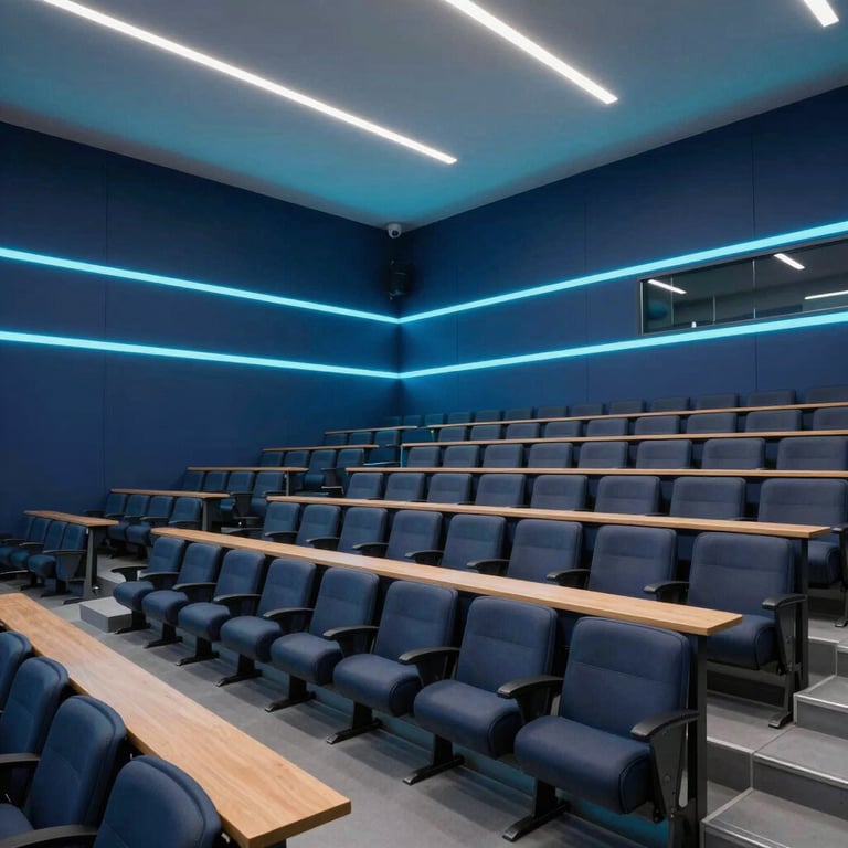 Wide angle of a futuristic lecture hall in a North American college, electric cyan lighting strips on dark navy blue walls, ergonomic seating.