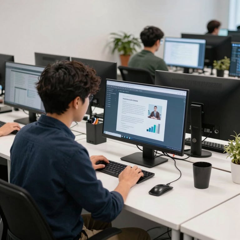 A modern office space with white desks and dark navy chairs where developers work on educational software in North America.