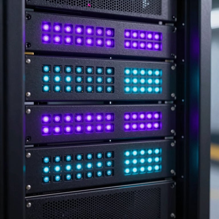 Detail shot of a glowing server rack in a tech facility with purple and electric cyan LED indicators.