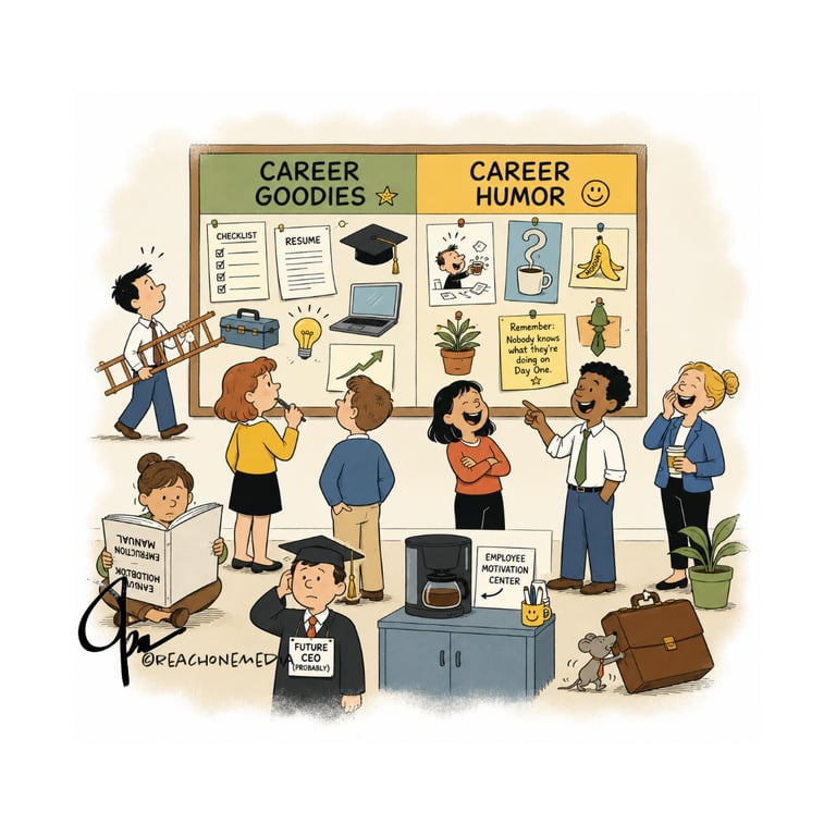 Cartoon of Career Goodies and Career Humor working together side-by-side.
