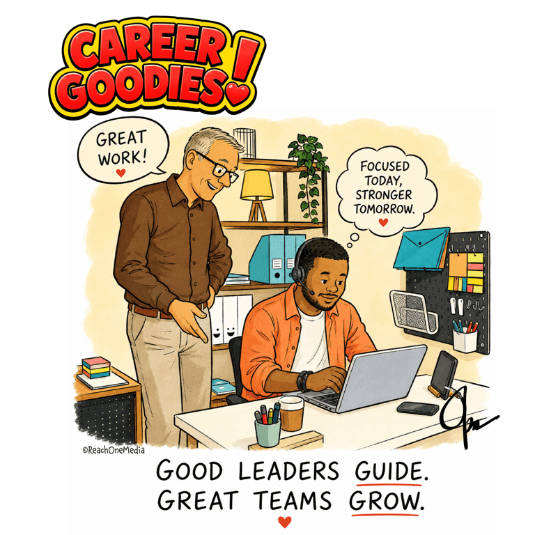 Cartoon of mentor and younger worker in workplace