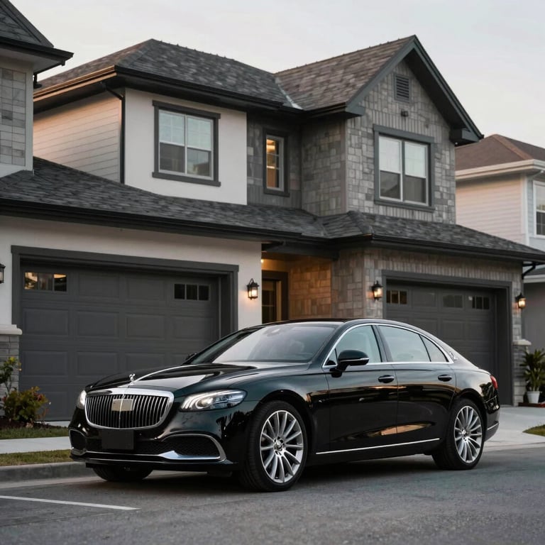 A scenic view of a luxury car parked in front of a modern North American residential property, representing the rewards of financial freedom.