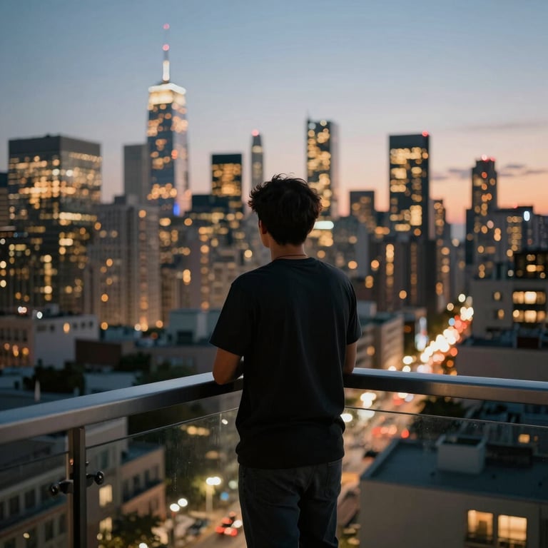 A person standing on an urban balcony at dusk, looking out over a glowing city skyline, representing the vision and peace of mind found in abundance.