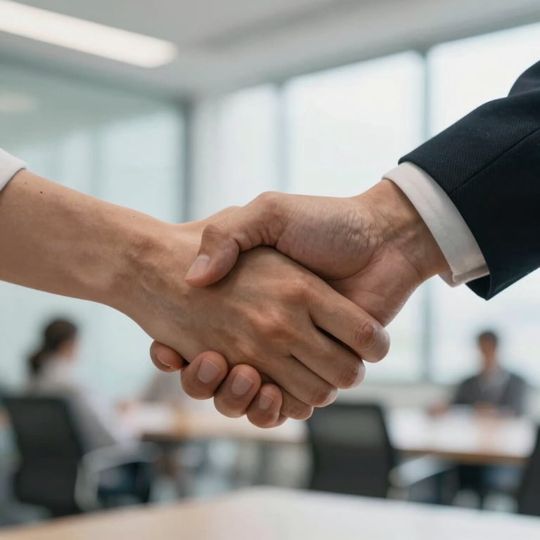 A close-up of a person shaking hands in a bright, airy office setting, symbolizing a successful partnership and professional trust.