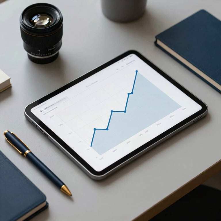 A minimalist, high-end desk setup featuring a digital tablet showing a positive growth chart, with dark blue and gold stationery nearby.