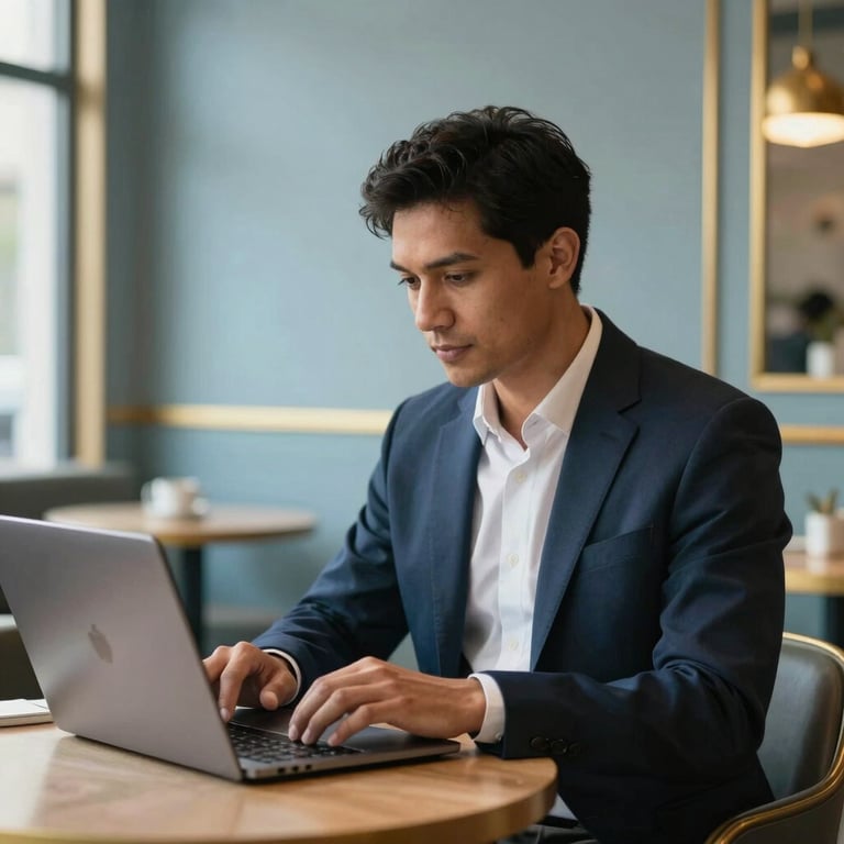 A sophisticated North American professional working on a laptop while sitting in a bright, modern cafe with gold and muted blue interior design.