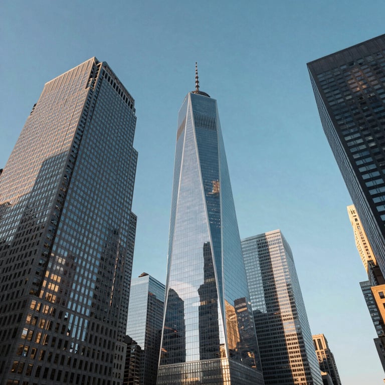 A low-angle shot of modern skyscrapers in a major North American financial district, reflecting a clear blue sky and a mood of unlimited potential.