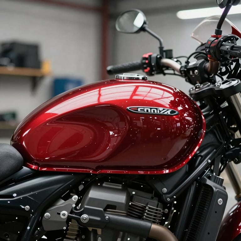 The glossy fuel tank of a deep red motorcycle reflecting the professional lights of a garage.