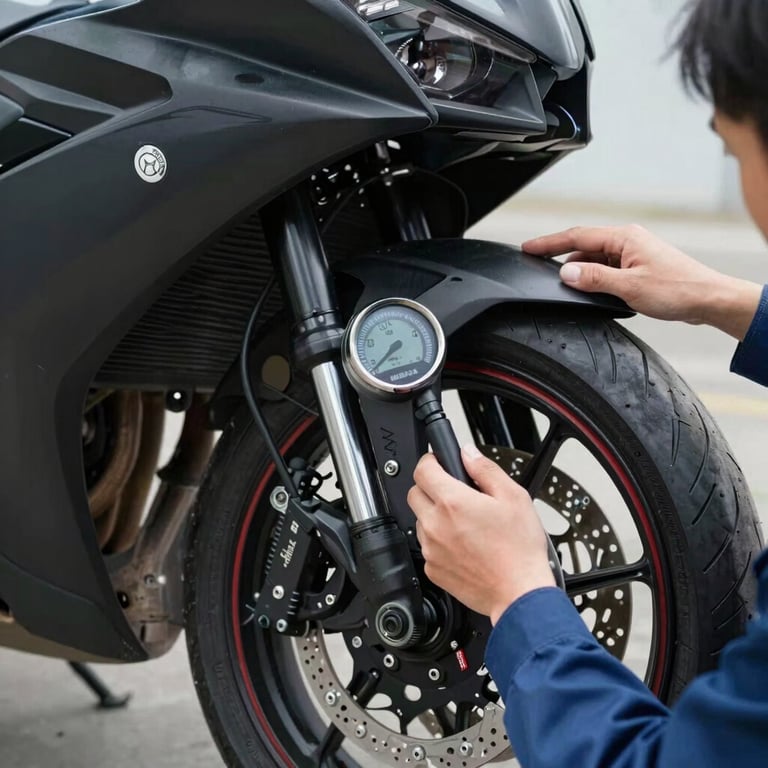 A mechanic checking the tire pressure of a sleek modern motorcycle with digital gauges.