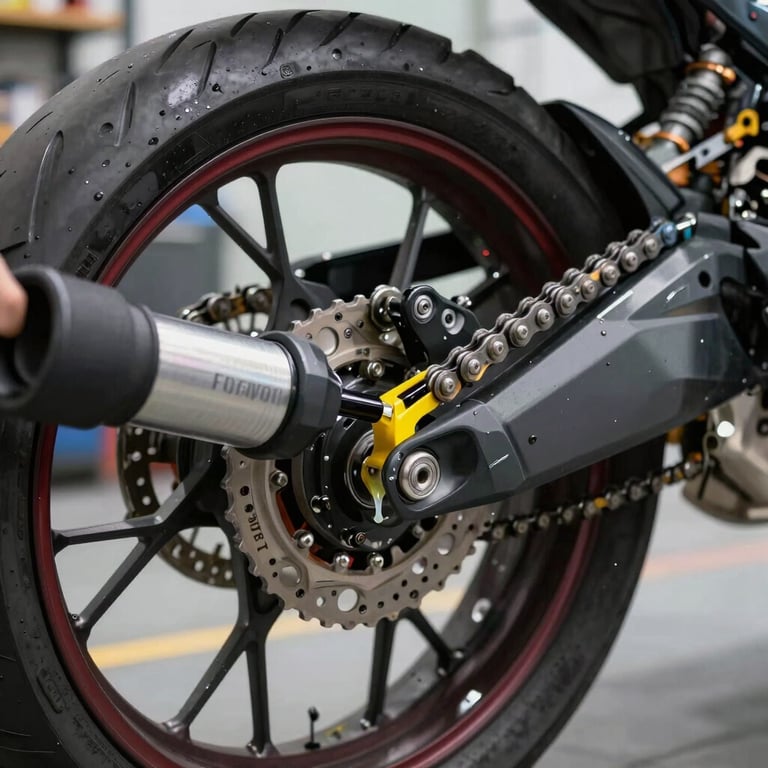 Detail shot of a clean motorcycle chain being professionally lubricated in a modern workshop.
