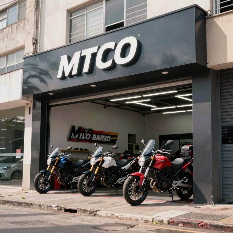 Exterior shot of a modern motorcycle repair shop in a Brazilian urban area during the day.