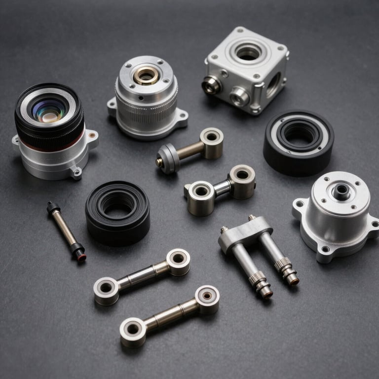 A collection of premium spare parts for scooters laid out on a dark gray surface, bright studio lighting.