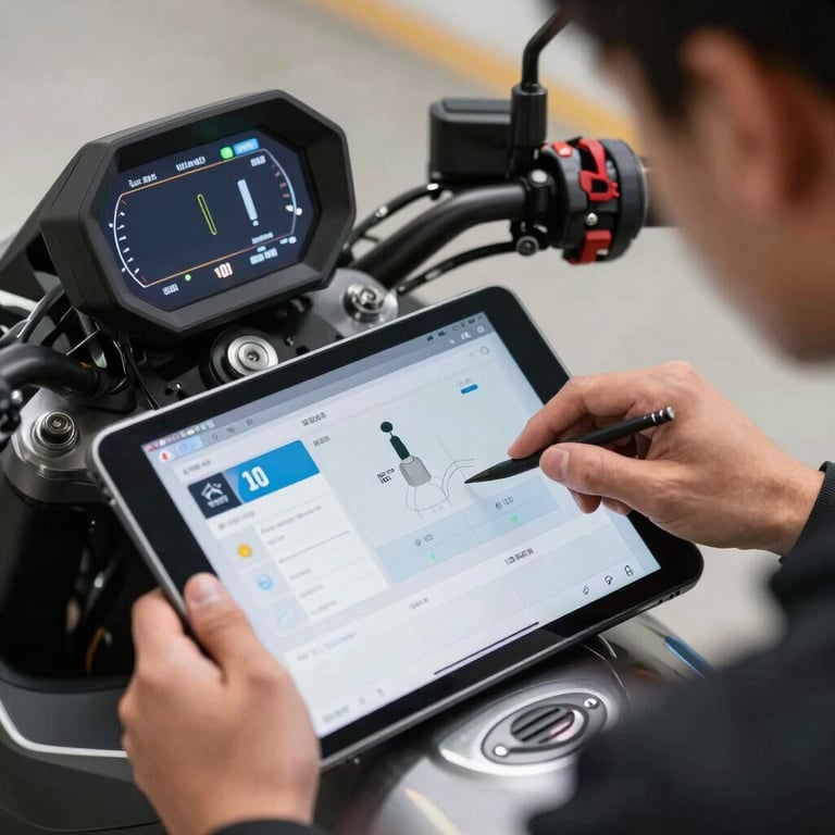 A technician using a tablet for digital diagnostics on a motorcycle dashboard, contemporary technology focus.