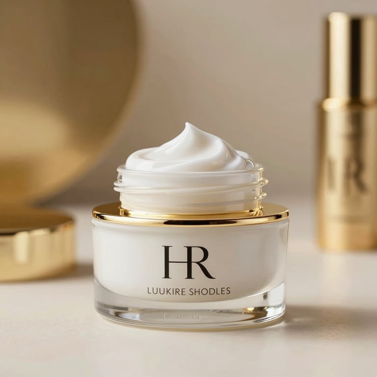 Luxury skincare cream being applied, soft focus, high-end professional lighting, gold and white theme.