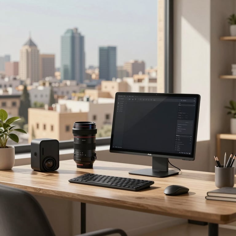 A modern home office in a North African city with a view of the skyline, featuring Atomy products on the desk.