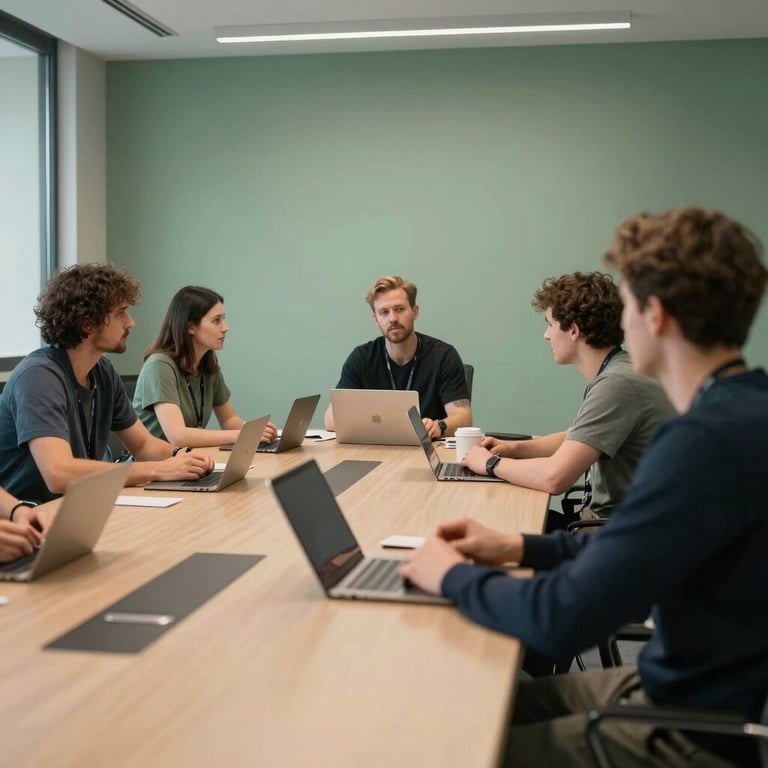 A professional team training session in a modern conference room with sage green branding elements.