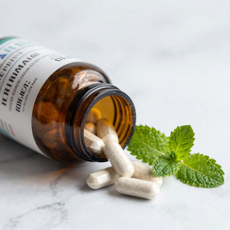 A close-up of a premium health supplement bottle on a clean white marble surface with a sprig of mint.