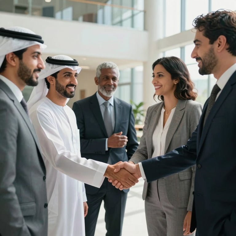 A group of diverse Middle Eastern business professionals smiling and shaking hands in a bright, modern atrium.
