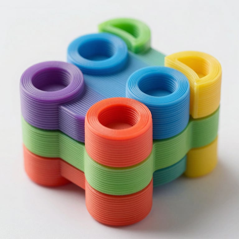 Extreme close-up macro shot of a vibrant, matte-finished 3D printed sensory puzzle toy, showing subtle high-quality layer lines, soft studio lighting with gentle realistic drop shadows on a pure white backdrop.