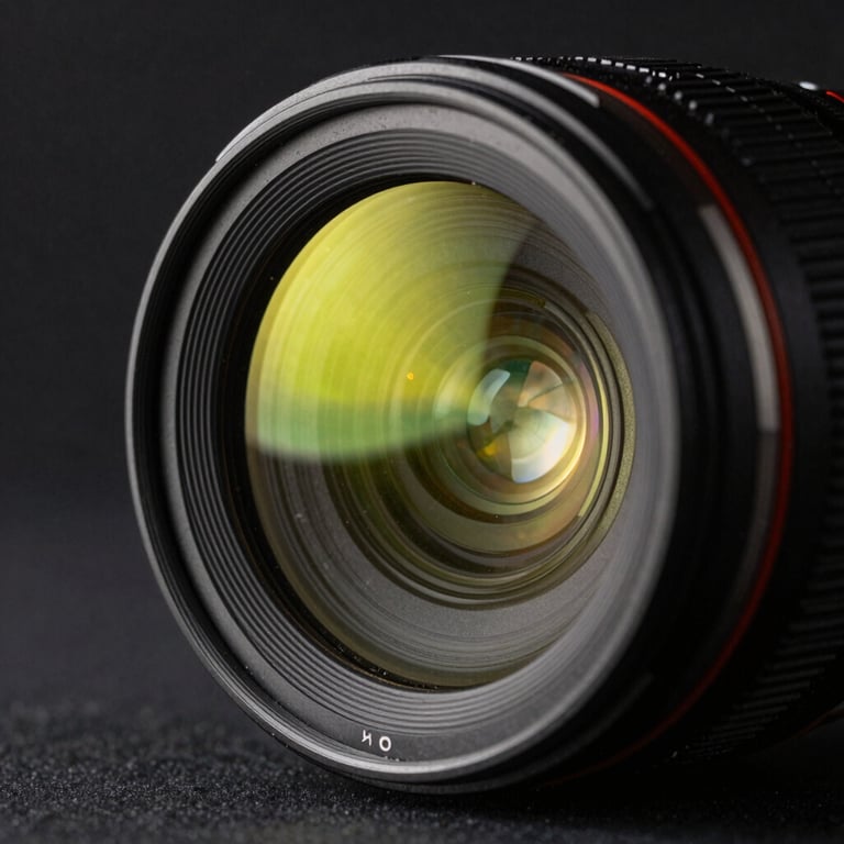 Macro photography of a camera lens reflecting a sharp, vibrant neon yellow light against a dark background.
