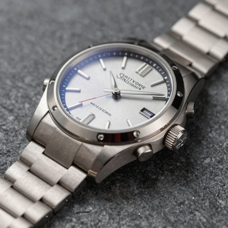 Close-up of a high-end designer watch with silver and black metallic details, resting on a charcoal grey stone surface.