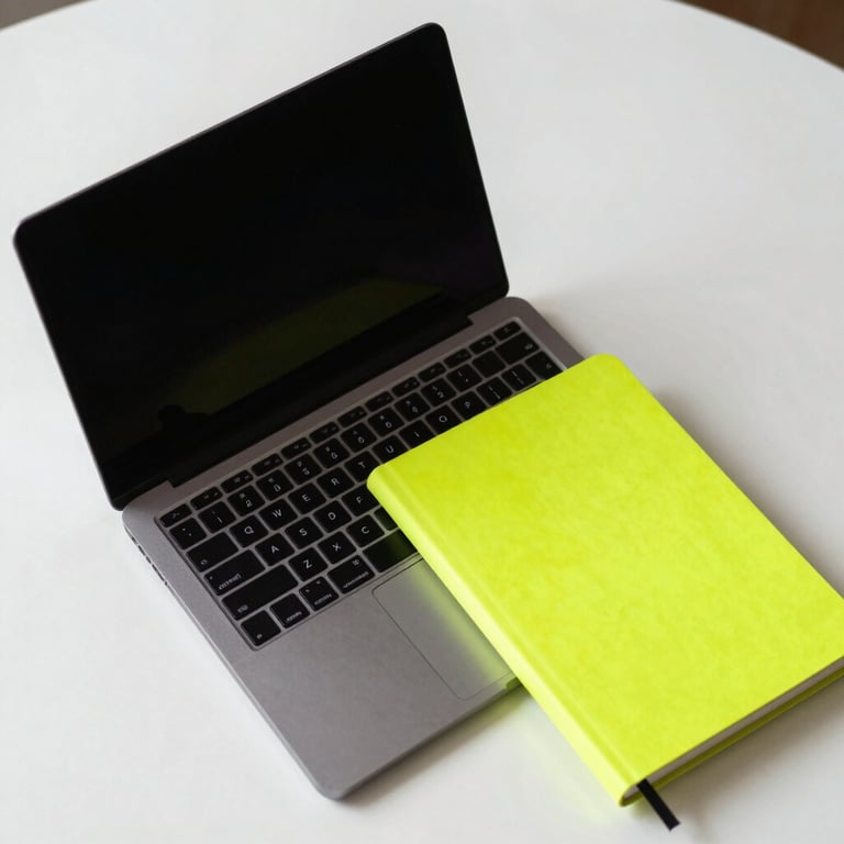 An overhead view of a professional, minimalist workspace featuring a black laptop and a splash of vibrant neon yellow from a notebook.